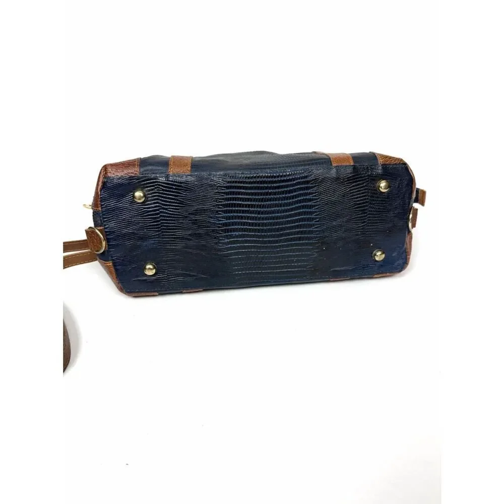 Roberto Roma Leather Satchel Bag Blue Brown Textured Crossbody Top Handle Vng
